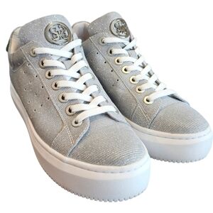 Staccato Sparkly Silver Sneakers with‎ FUNKY Green Mouth Design Women’s Sneakers